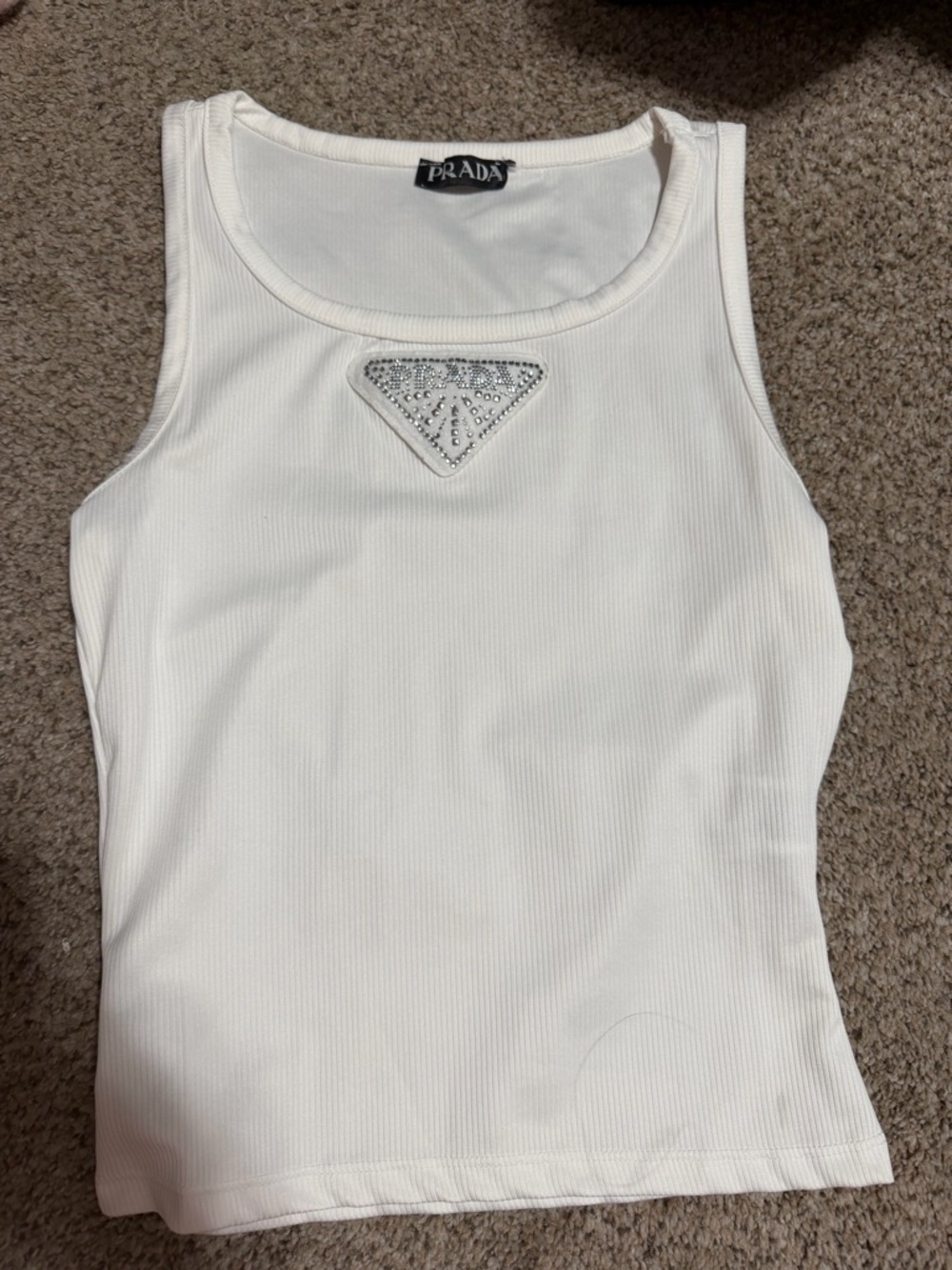Prada White Ribbed Tank with Embellished Triangle Logo